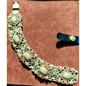 Vintage Capri Link Bracelet Confetti Glass Cabochons Faux Pearl Rhinestone White